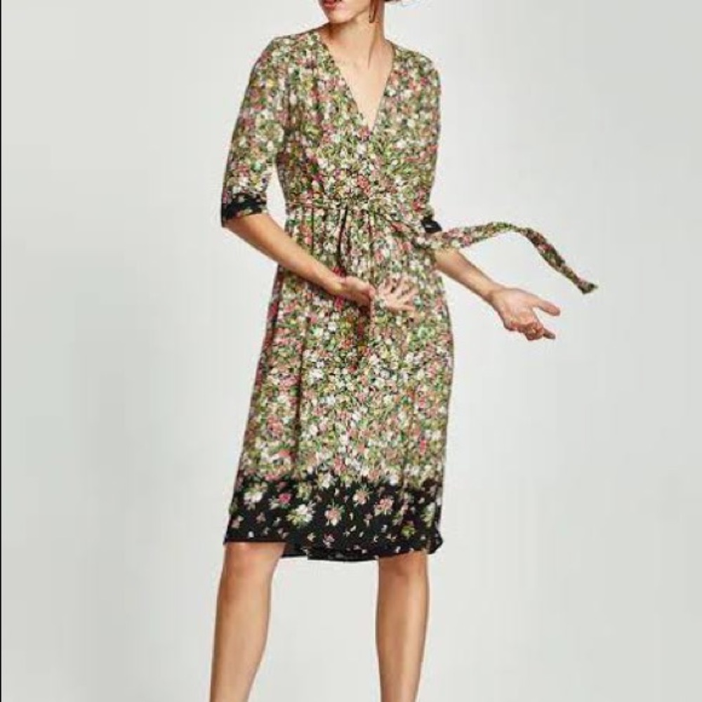 Zara floral wrap shirt dress with sash tie